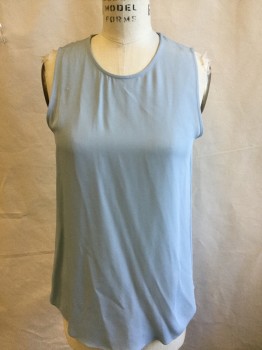 THEORY, Baby Blue, Silk, Solid, Round Neck,  Sleeveless, Key Hole Back with Matching Baby Blue Snap Button, Flare & Curved Hem, Multiples,