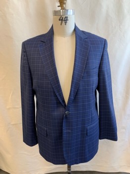 HARDWICK, Blue, Gray, Wool, Plaid, Single Breasted, 2 Buttons, 3 Pockets, Notched Lapel, 3 Button Sleeves, Single Vent