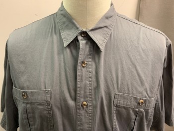 OUTDOOR LIFE, Gray, Cotton, Solid, Button Front, Collar Attached, Short Sleeves, 2 Pockets,