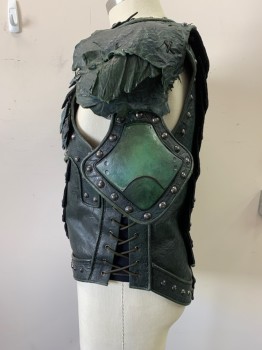 BILL HARGATE, Iridescent Green, Black, Leather, Plastic, Fish Scales, Reptile/Snakeskin, Cuiras, Breast and Back Plates, Lace Up Sides, Layer 3D Scales, Studs and Spikes, Hidden Zipper Side Back