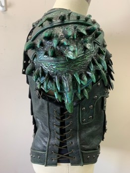 BILL HARGATE, Iridescent Green, Black, Leather, Plastic, Fish Scales, Reptile/Snakeskin, Cuiras, Breast and Back Plates, Lace Up Sides, Layer 3D Scales, Studs and Spikes, Hidden Zipper Side Back