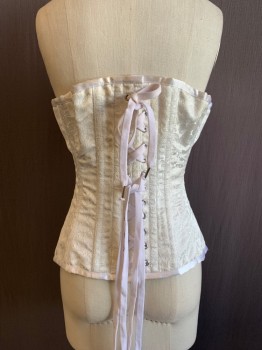 N/L, White, Cotton, Floral, Brocade,  Hooking Busk Front, Lace Up Back