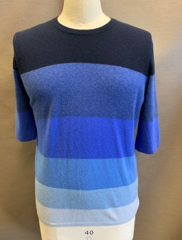 Mens, Pullover Sweater, PRINGLE OF SCOTLAND, Blue, Navy Blue, Slate Blue, French Blue, Lt Blue, Cashmere, Color Blocking, Stripes - Horizontal , M, Horizontal Sections of Dark to Light Blue (Darkest Navy at Top), Knit, Round Neck, 1/2 Sleeves, Unusual Esoteric Design