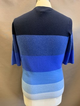 Mens, Pullover Sweater, PRINGLE OF SCOTLAND, Blue, Navy Blue, Slate Blue, French Blue, Lt Blue, Cashmere, Color Blocking, Stripes - Horizontal , M, Horizontal Sections of Dark to Light Blue (Darkest Navy at Top), Knit, Round Neck, 1/2 Sleeves, Unusual Esoteric Design