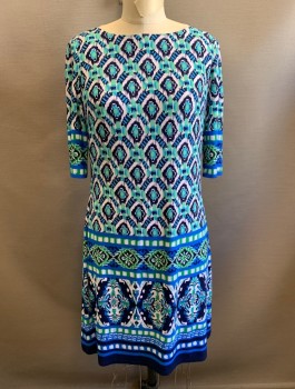 Womens, Dress, Long & 3/4 Sleeve, ELIZA J., Blue, Mint Green, White, Navy Blue, Polyester, Spandex, Abstract , Sz.6, Stretchy Fabric, 3/4 Sleeves, Boat Neck, Shift Dress, Hem Above Knee, Exposed Gold Zipper in Back