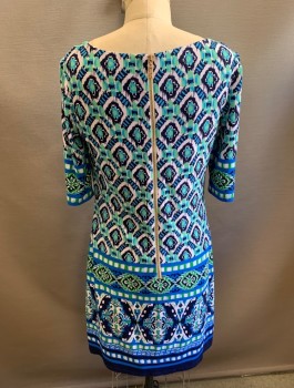 Womens, Dress, Long & 3/4 Sleeve, ELIZA J., Blue, Mint Green, White, Navy Blue, Polyester, Spandex, Abstract , Sz.6, Stretchy Fabric, 3/4 Sleeves, Boat Neck, Shift Dress, Hem Above Knee, Exposed Gold Zipper in Back