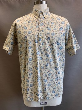 Mens, Casual Shirt, REYN SPOONER, Beige, Blue, Khaki Brown, Red, Mint Green, Cotton, Polyester, Leaves/Vines , M, S/S, Button Front Chest, Collar Attached, Chest Pocket