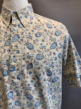 Mens, Casual Shirt, REYN SPOONER, Beige, Blue, Khaki Brown, Red, Mint Green, Cotton, Polyester, Leaves/Vines , M, S/S, Button Front Chest, Collar Attached, Chest Pocket
