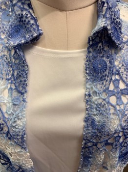ALFRED DUNNER, White, Blue, Polyester, Tie-dye, Medallion Pattern, Tie Dye Lace L/S, C.A Over Shirt, Attached White Tank Under