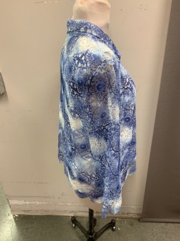 ALFRED DUNNER, White, Blue, Polyester, Tie-dye, Medallion Pattern, Tie Dye Lace L/S, C.A Over Shirt, Attached White Tank Under
