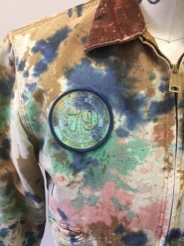 Mens, Casual Jacket, CARHARTT, Brown, Blue, Beige, Mint Green, Pink, Cotton, Tie-dye, S, Zip Front, Corduroy Collar Attached, 3 Pockets, "79" Patch on Chest, "LOCAL 79" and USA Flag Embroidered on Left Sleeve, Snap Cuff, Button Snap at Back Waist, Pleated Back