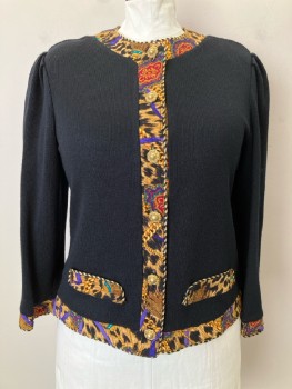 R&K ORIGINALS, Black, Multi-color, Acrylic, Polyester, Solid, Round Neck, L/S, B.F., Leopard And Paisley Print Trim, 2 Faux Pockets,