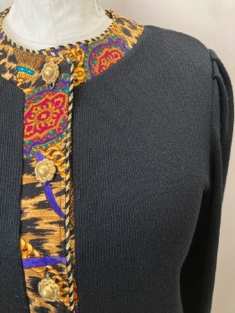 R&K ORIGINALS, Black, Multi-color, Acrylic, Polyester, Solid, Round Neck, L/S, B.F., Leopard And Paisley Print Trim, 2 Faux Pockets,