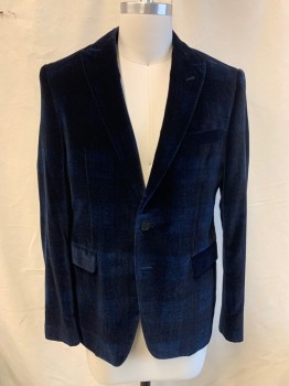 Mens, Sportcoat/Blazer, PAUL SMITH, Midnight Blue, Cotton, Plaid, 38S, Single Breasted, 2 Buttons, 3 Pockets, Peaked Lapel, Single Vent, Velvet