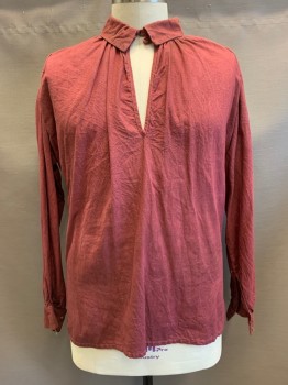 MTO, Brick Red, Cotton, Solid, C.A., V-N,  L/S, 2 Buttons at Collar *Missing 1 Button*