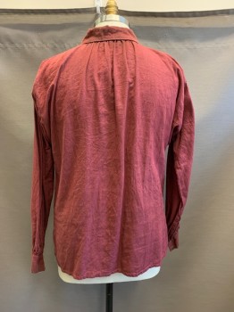 Mens, Historical Fiction Shirt, MTO, Brick Red, Cotton, Solid, XL, C.A., V-N,  L/S, 2 Buttons at Collar *Missing 1 Button*