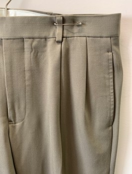 Mens, Slacks, BROOKS BROTHERS, Lt Brown, Wool, Solid, L32, W32, Zip Front, Button Closure, Pleated Front, 4 Pockets, Cuffed, Creased