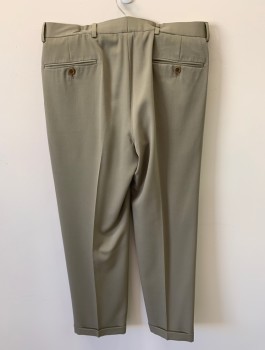 Mens, Slacks, BROOKS BROTHERS, Lt Brown, Wool, Solid, L32, W32, Zip Front, Button Closure, Pleated Front, 4 Pockets, Cuffed, Creased