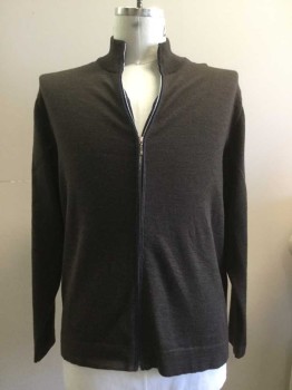 Mens, Cardigan Sweater, BARNEY'S , Brown, Navy Blue, Wool, Solid, XL, Zip Front, Moc Neck, Long Sleeves, Rib Knit Collar