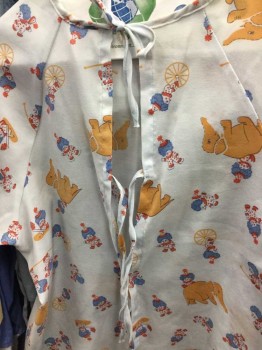 Unisex, Child, Patient Gown, White, Tan Brown, Blue, Red, Polyester, Graphic, NS, Clown & Elephant Graphic, Short Sleeve,  Lacing/Ties Up Back,  See Photo Attached,