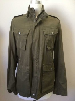 Mens, Casual Jacket, WOOLRICH, Dk Olive Grn, Cotton, Solid, M, Zip/Snap Front, 4 Pockets, Snap Tab Waists, Epaulets, Buckle Collar, Snap Cuff