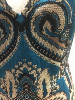 Womens, Dress, Sleeveless, ALICE + OLIVIA, Turquoise Blue, Cream, Black, Viscose, Polyester, Abstract , 2, Turquoise with Cream and Black Baroque Pattern with Beige Accents, Sleeveless, Plunging V-neck, Hem Above Knee,  Zipper at Center Back