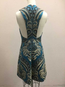 Womens, Dress, Sleeveless, ALICE + OLIVIA, Turquoise Blue, Cream, Black, Viscose, Polyester, Abstract , 2, Turquoise with Cream and Black Baroque Pattern with Beige Accents, Sleeveless, Plunging V-neck, Hem Above Knee,  Zipper at Center Back