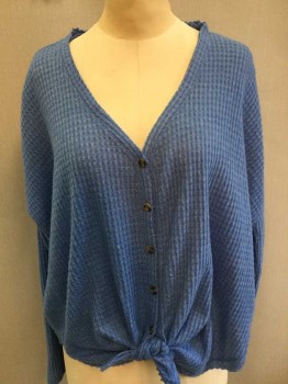 Womens, Blouse, OUT FROM UNDER, Slate Blue, Cotton, Polyester, Heathered, XS, Slate Blue Large Waffle Texture, V-neck, Button Front, Long Sleeves (over Size)