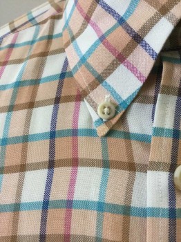 RESILIO, Beige, White, Turquoise Blue, Fuchsia Pink, Navy Blue, Cotton, Polyester, Plaid - Tattersall, Plaid-  Windowpane, Short Sleeve Button Front, Collar Attached, Button Down Collar, 1 Pocket