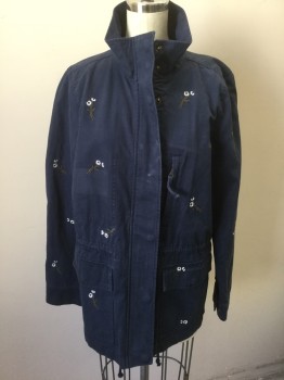 Womens, Casual Jacket, MADEWELL, Navy Blue, White, Olive Green, Cotton, Floral, M, Navy with White and Olive Flower Bunches Embroidery Scattered Throughout, Zip Front, Stand Collar, 3 Outside Pockets, Drawstring at Inside Waist, No Lining, 1 Inside Pocket, Hip Length