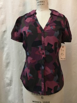 SEMANTICS, Black, Red Burgundy, Brown, Gray, Raspberry Pink, Synthetic, Abstract , Black/ Burgundy/ Brown/ Gray/ Raspberry Abstract Print, Button Front, V-neck, Collar Attached, Short Sleeves,
