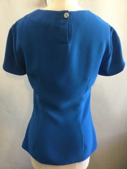 TED BAKER, Blue, Silk, Solid, Crepe, Short Sleeve, Round Neck,  Curved/Wavy Seam Above Bust, Notched Sleeves, Invisible Zipper at Side Seam, 1 Button Closure Center Back Neck
