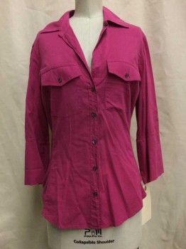 JAMES PERSE, Hot Pink, Cotton, Solid, Hot Pink, Button Front, V-neck, Collar Attached, 2 Flap Pockets, Ribbed Knit Underarm, 3/4 Sleeves