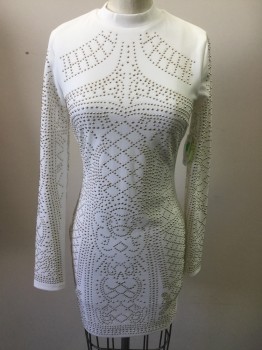 Womens, Cocktail Dress, WINDSOR, White, Gold, Polyester, Geometric, Small, Long Sleeves, Mock Turtle Neck,  Knit, Gold and Silver Iron on Studs in a Body Contour Pattern