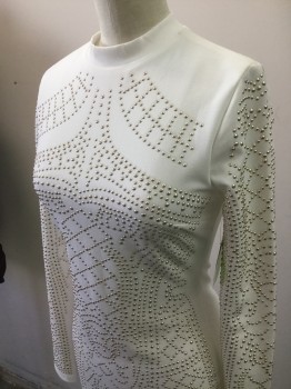 Womens, Cocktail Dress, WINDSOR, White, Gold, Polyester, Geometric, Small, Long Sleeves, Mock Turtle Neck,  Knit, Gold and Silver Iron on Studs in a Body Contour Pattern