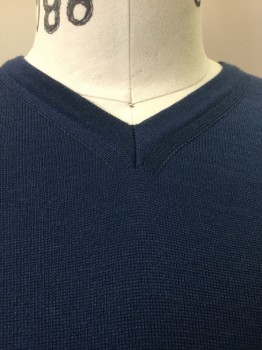 Mens, Pullover Sweater, BOSS, Teal Blue, Wool, Solid, M, Mute Teal Blue, Knit Ribbed V-neck, Long Sleeves Cuffs & Hem