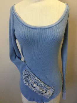 Womens, Top, WE THE FREE, Baby Blue, Cotton, Polyester, Argyle, S, Baby Blue Waffle, Large Round Neck,  Raglan Long Sleeves with Crochet Work Near Hem