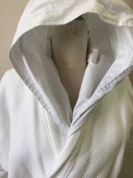 Womens, SPA Robe, HUDSON, White, Cotton, Solid, O/S, Waffle Knit Robe with Cotton Hood, Self Belt, 2 Pockets