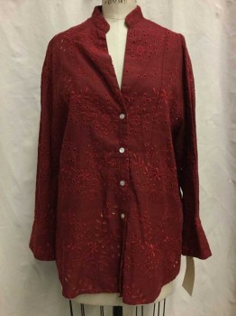 ZARA, Red, Cotton, Synthetic, Floral, Red, Floral Embroidery & Eyelet Detail, Button Front, V-neck, Collar Band, Long Sleeves,