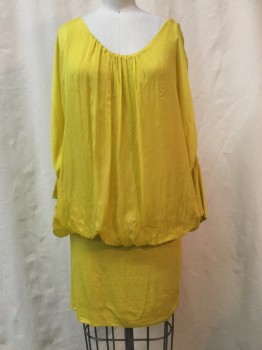 Womens, Dress, Long & 3/4 Sleeve, CAT WALK STUDIO, Yellow, Synthetic, Solid, M, Yellow,  Gathered Scoop Neck, Knit 3/4 Sleeves & Skirt
