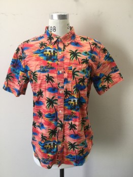 Mens, Hawaiian Shirt, VANS, Peach Orange, Red, Blue, Yellow, Black, Cotton, Lycra, Novelty Pattern, L, Palm Trees, Campers, Dog and Trash Can Print, Short Sleeves, Collar Attached, Button Front, 1 Pocket,