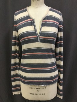 Womens, Shell, OUT FROM UNDER, Gray, Cream, Lavender Purple, Coral Orange, Viscose, Stripes - Horizontal , M, V-neck, Long Sleeves, Rib Knit, Overlocked Edges