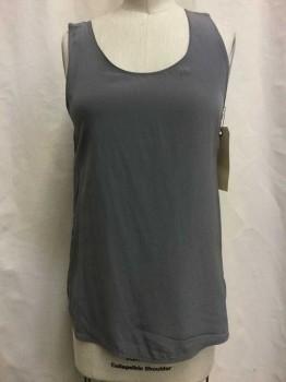 VINCE, Gray, Silk, Viscose, Solid, Gray, Silk Front, Knit Back, Scoop Neck, Sleeveless