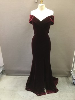 Womens, Evening Gown, XSCAPE, Wine Red, Polyester, Lycra, Solid, 4, Stretch Velvet, Dropped Off Shoulder Look, Fitted, , Zipper Center Back,