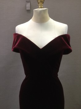 Womens, Evening Gown, XSCAPE, Wine Red, Polyester, Lycra, Solid, 4, Stretch Velvet, Dropped Off Shoulder Look, Fitted, , Zipper Center Back,