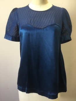 Womens, Top, FRENCH CONNECTION, Dk Blue, Silk, 2, Swiss Dot Chiffon Yoke & Gathered S/S, Curved Neckline, Solid Silk Body, Keyhole Center Back Neck