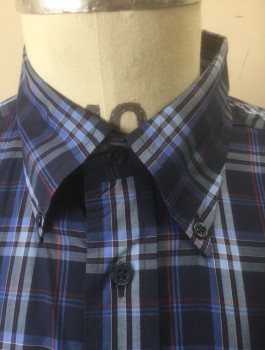 FACONNABLE, Navy Blue, Blue, Red, Lt Blue, Cotton, Plaid, Long Sleeve Button Front, Collar Attached, Button Down Collar, 1 Patch Pocket