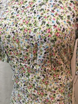AFRM, White, Pea Green, Aqua Blue, Pink, Black, Rayon, Floral, Round Neck with Button Back,  Short Sleeves, Floor Length, Wide Waistband, Elastic Waist, Elastic Smocked Back Waist,