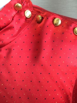 LIZ CLAIBORNE, Red, Black, Gold, Silk, Dots, Red with Black/Gold Dots, Pullover, Gold Buttonned Shoulder/Collar, Pleated Collar, Long Sleeves Pleated at Shoulder