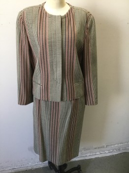 ERREUNO, Beige, Black, Red, Cream, Wool, Polyester, Specked Weave, with Vertical Stripes of Varying Widths, Long Sleeves, Round Neck,  Heavily Padded Shoulders, Hidden 4 Button Closure at Center Front, Boxy Fit, 2 Welt Pockets,